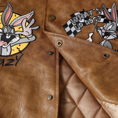 ✦FX✦ Retro Bugs Bunny Embroidered Lapel Leather Jacket