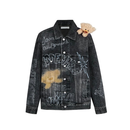 13DE MARZO Slogan Graffiti Denim Jacket Black