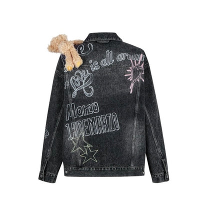 13DE MARZO Slogan Graffiti Denim Jacket Black