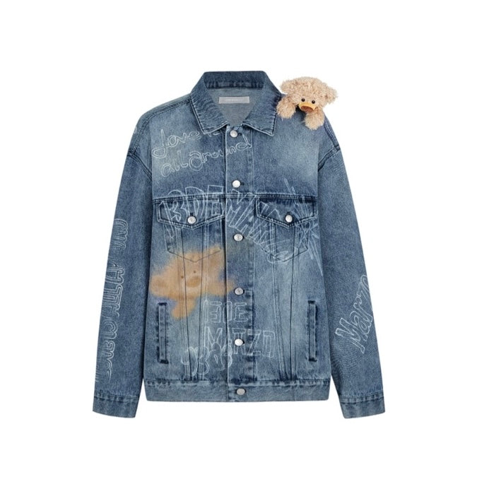 13DE MARZO Slogan Graffiti Denim Jacket Blue