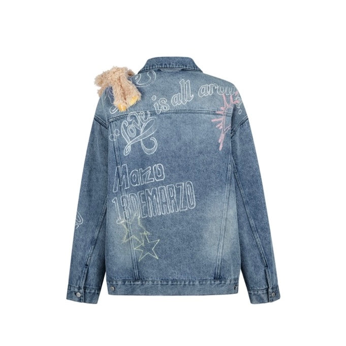 13DE MARZO Slogan Graffiti Denim Jacket Blue