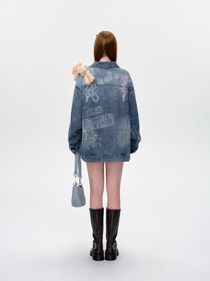 13DE MARZO Slogan Graffiti Denim Jacket Blue