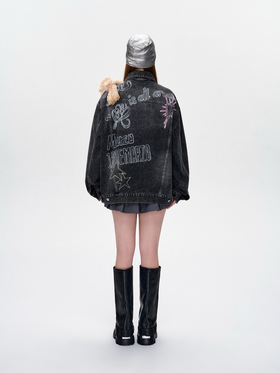 13DE MARZO Slogan Graffiti Denim Jacket Black