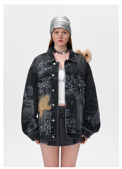 13DE MARZO Slogan Graffiti Denim Jacket Black