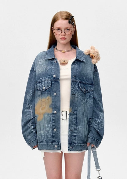 13DE MARZO Slogan Graffiti Denim Jacket Blue