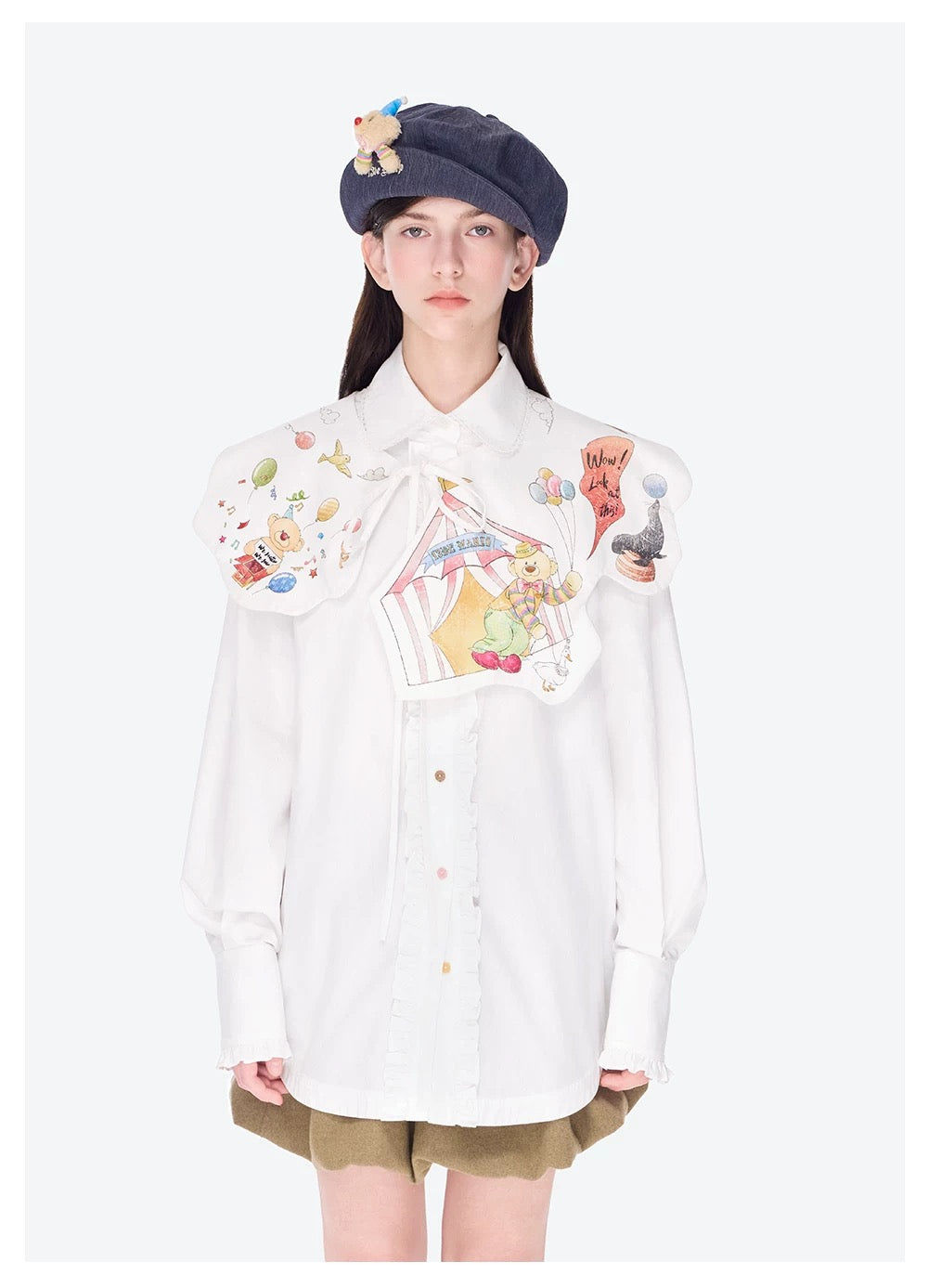13DE MARZO Detachable CapeCircus Print Shirt White