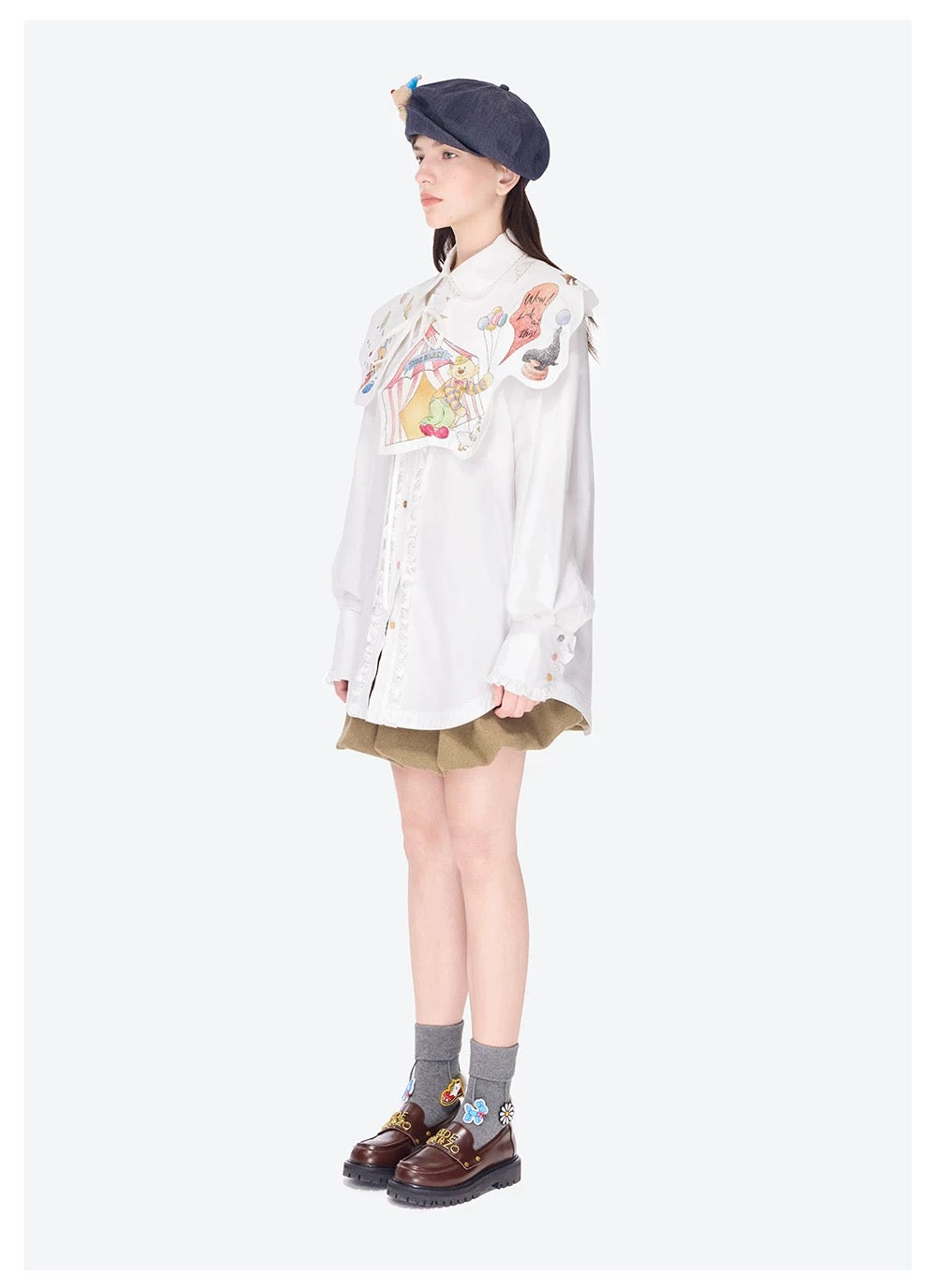 13DE MARZO Detachable CapeCircus Print Shirt White