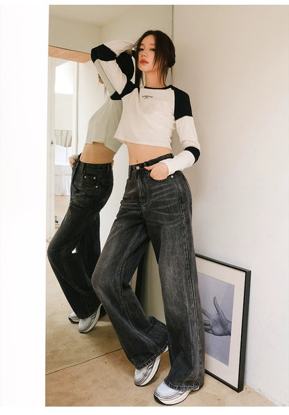 Concise-White Versatile Washed Wide-Leg Jeans