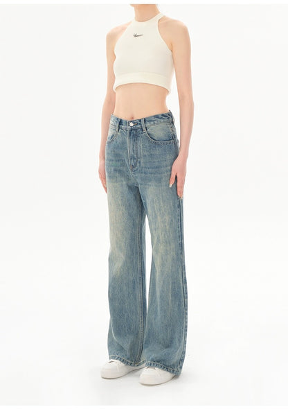 Concise-White Versatile Washed Straight Leg Jeans Vintage Blue