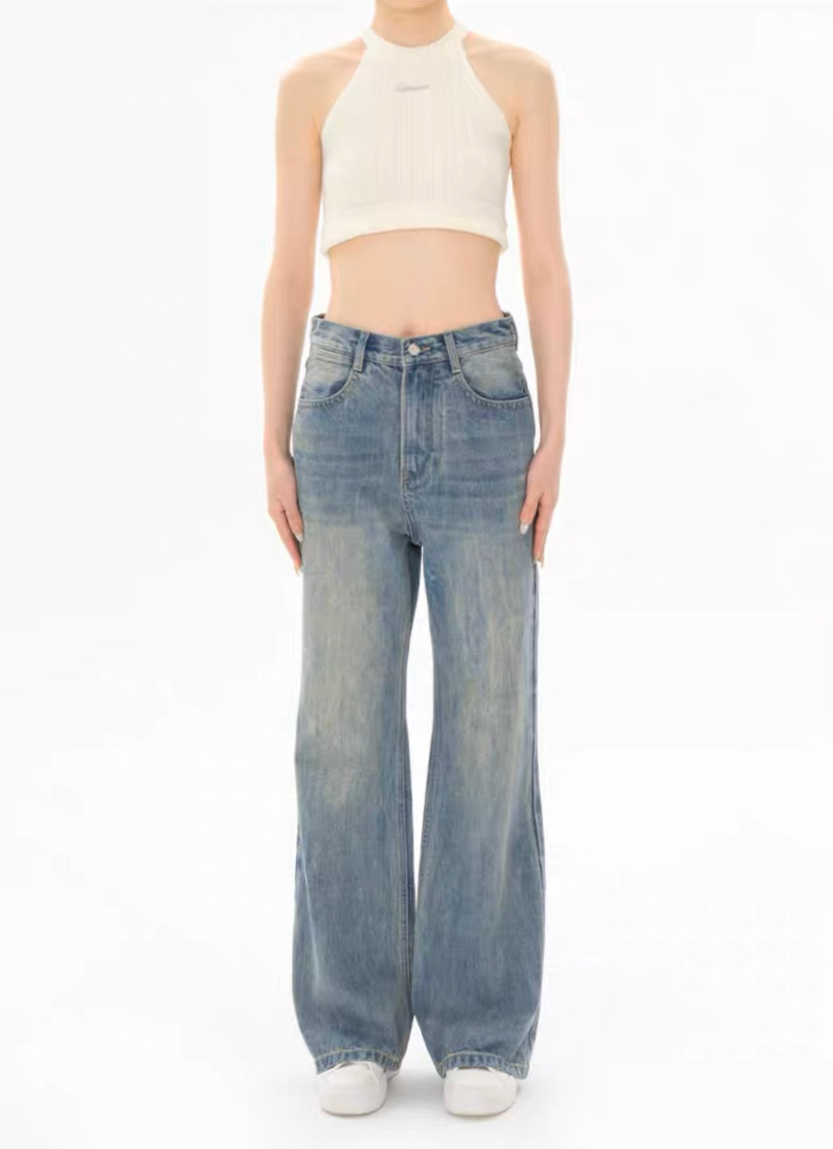 Concise-White Versatile Washed Straight Leg Jeans Vintage Blue