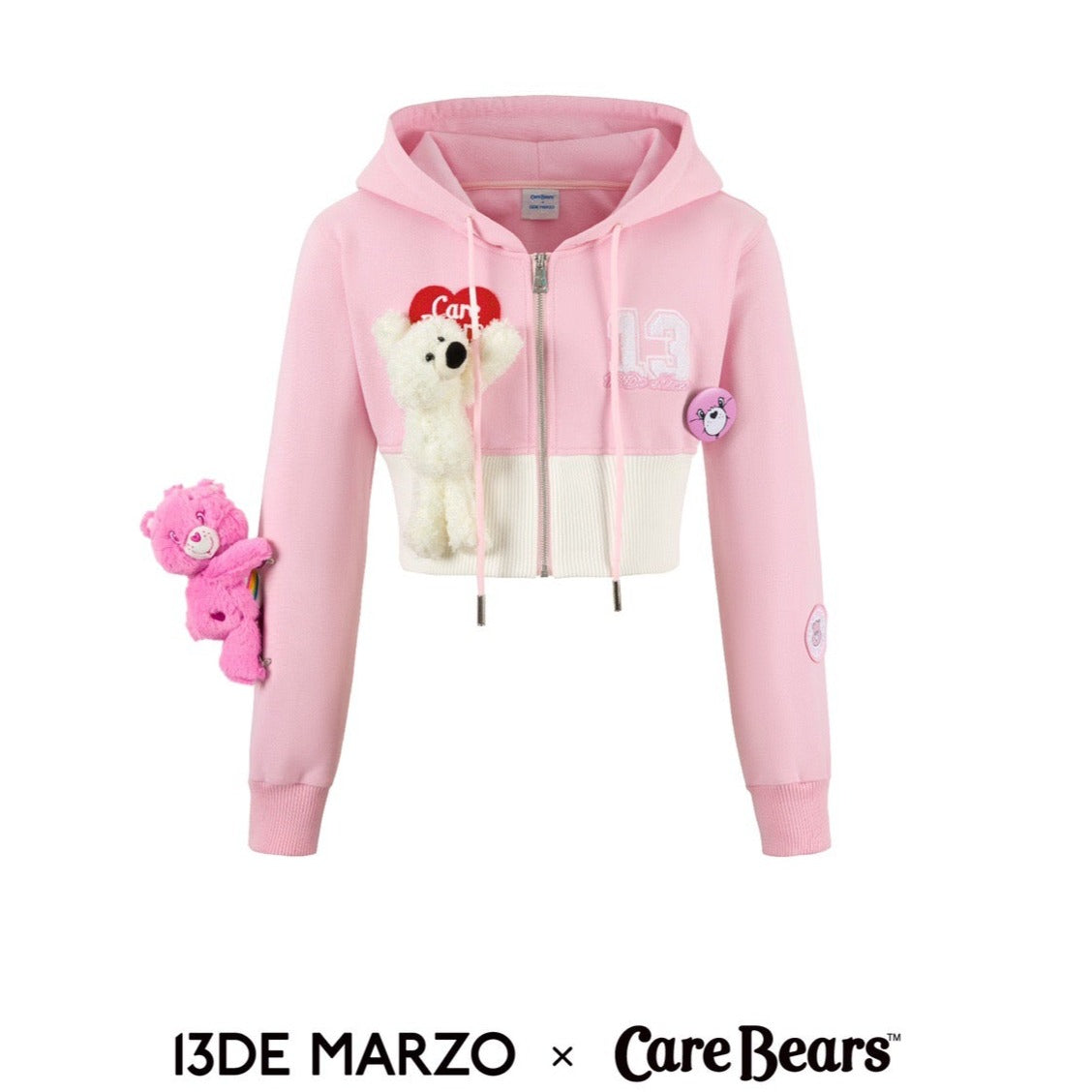 13DE MARZO x CARE BEARS Short Rib Waist Zip Hoodie English Rose