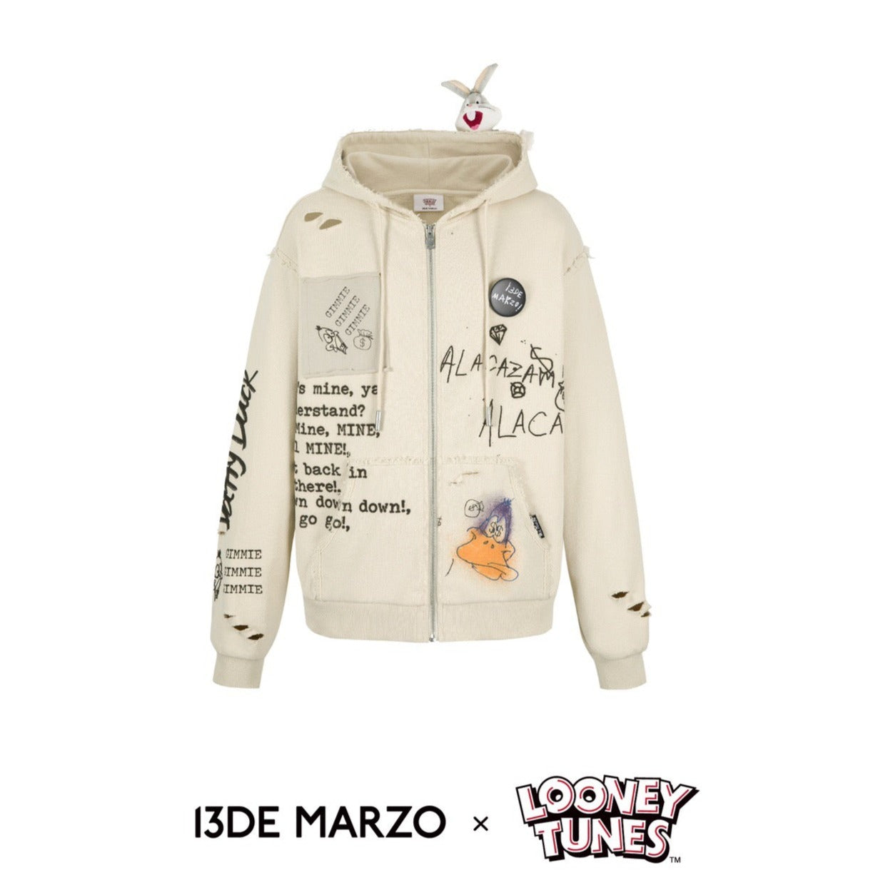 13DE MARZO x LOONEY TUNES Duffy Duck Sketch Zip Hoodie Oatmeal