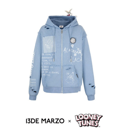 13DE MARZO x LOONEY TUNES Duffy Duck Sketch Zip Hoodie Corydalis Blue