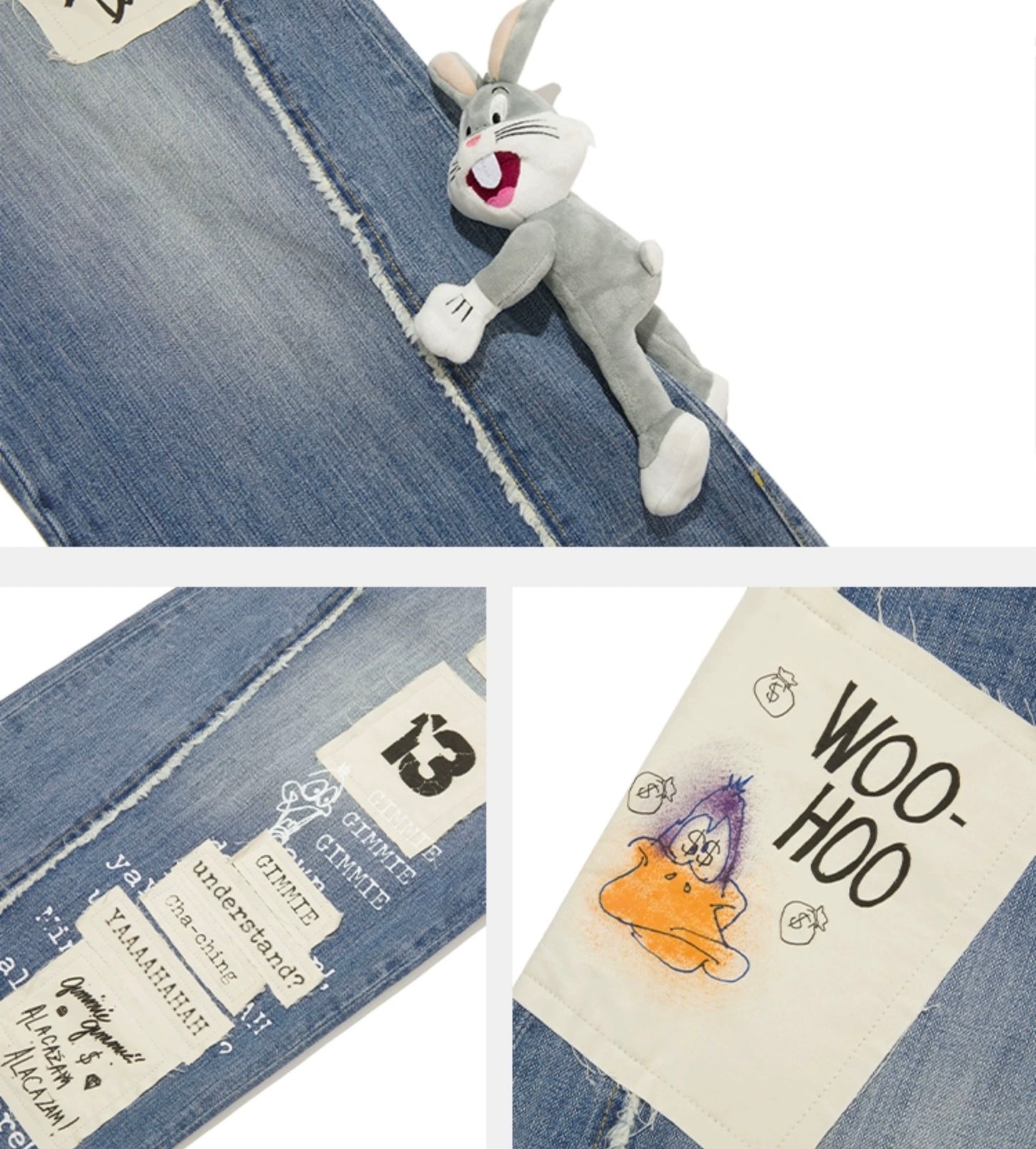 13DE MARZO x LOONEY TUNES Bugs Bunny Daffy Duck Jeans Washed Blue