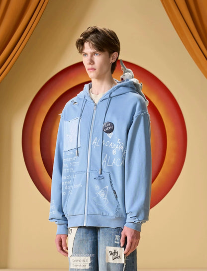 13DE MARZO x LOONEY TUNES Duffy Duck Sketch Zip Hoodie Corydalis Blue