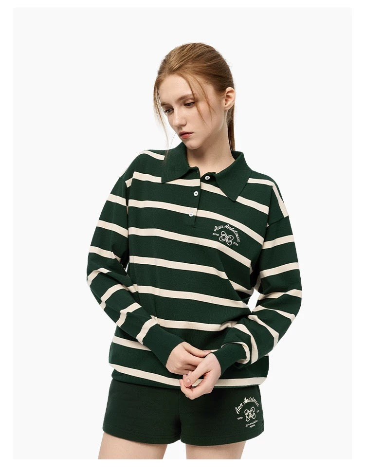 Ann Andelman Green Striped Long-sleeved Polo Shirt