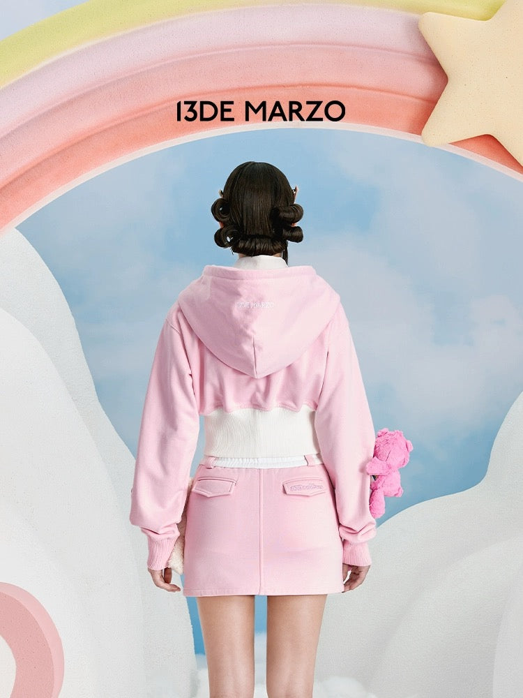 13DE MARZO x CARE BEARS Short Rib Waist Zip Hoodie English Rose