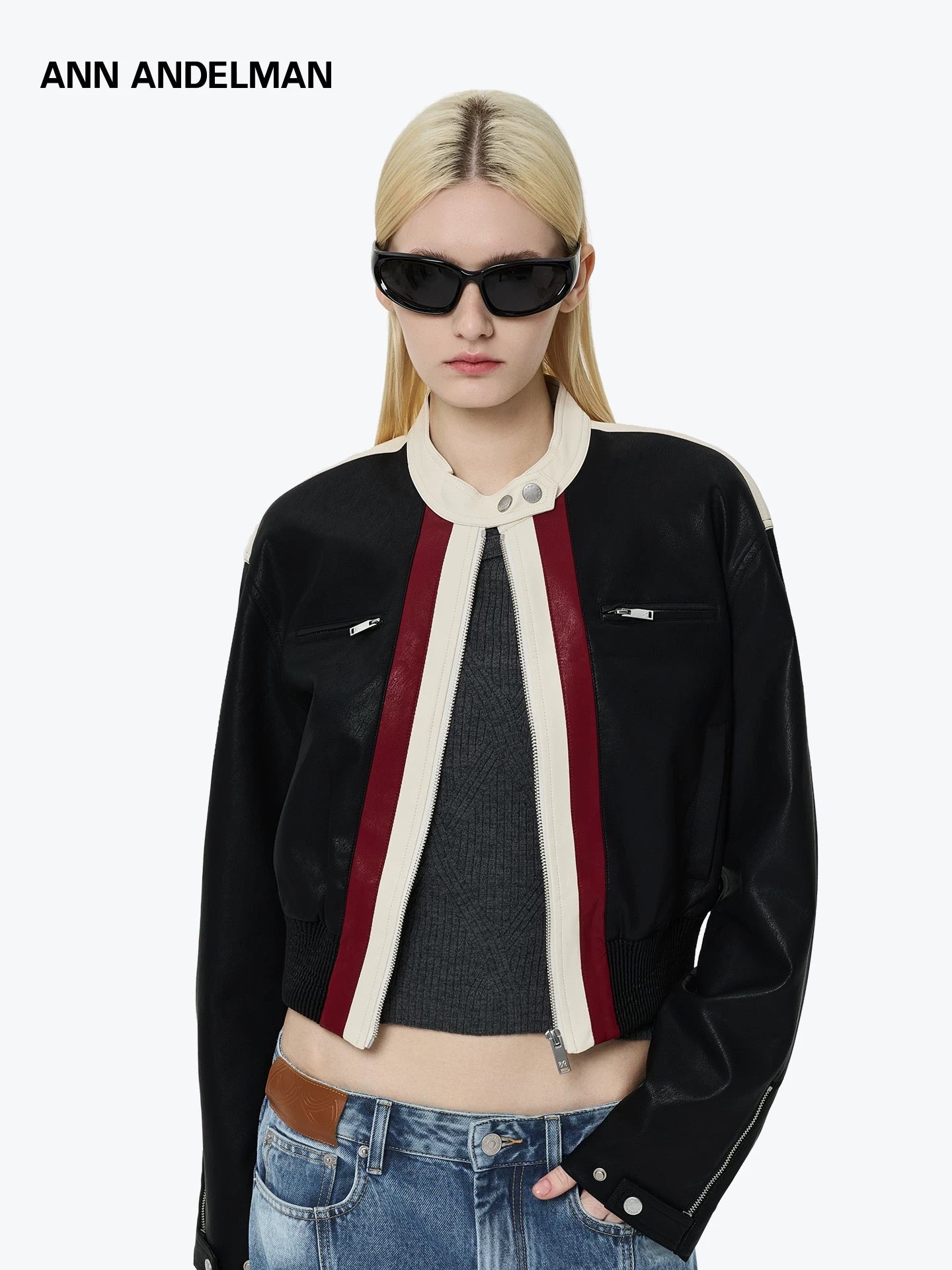 Ann Andelman Black Color-blocked Short Biker Faux Leather Jacket