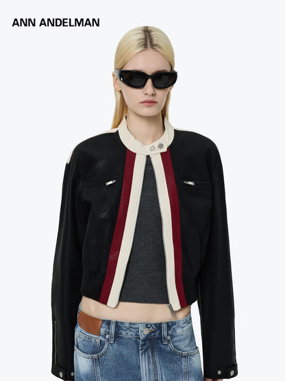 Ann Andelman Black Color-blocked Short Biker Faux Leather Jacket