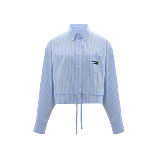 Concise-White French Retro Waistband Long Sleeve Shirt Light Blue
