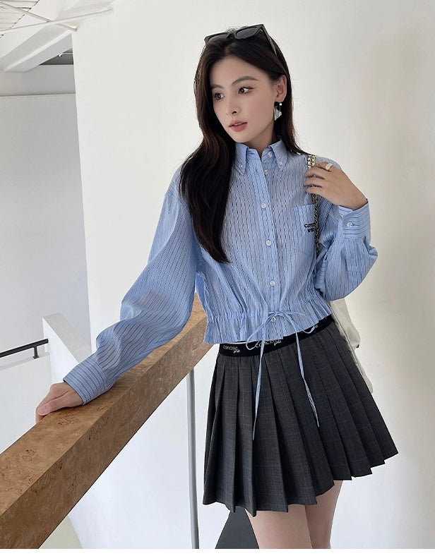 Concise-White Elastic Waistband Plaid Pleated Skirt