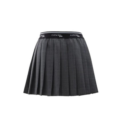 Concise-White Elastic Waistband Plaid Pleated Skirt