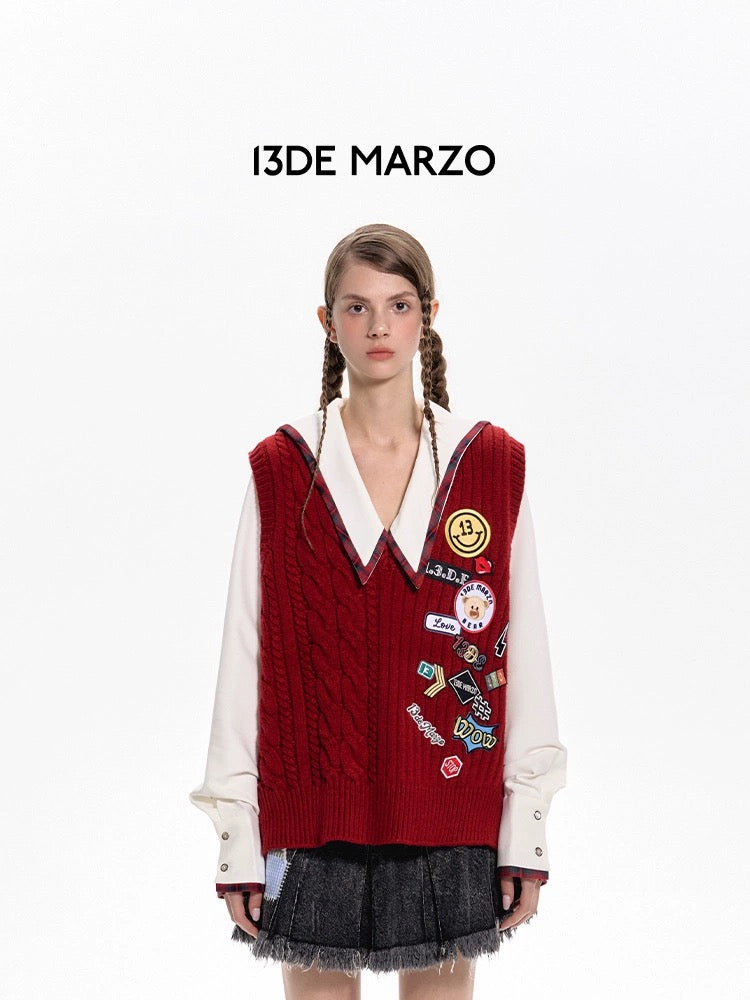 13DE MARZO Badges Knit Vest Barbados Cherry