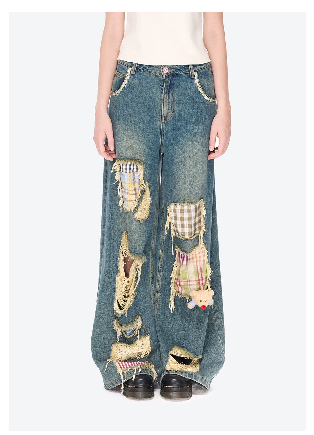 13DE MARZO Ripped Check Wide-Leg Trousers Blue