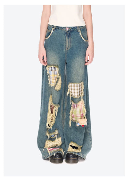 13DE MARZO Ripped Check Wide-Leg Trousers Blue