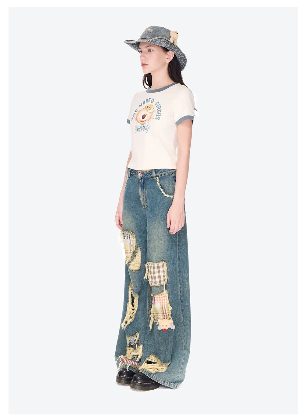 13DE MARZO Ripped Check Wide-Leg Trousers Blue