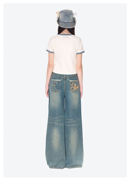 13DE MARZO Ripped Check Wide-Leg Trousers Blue
