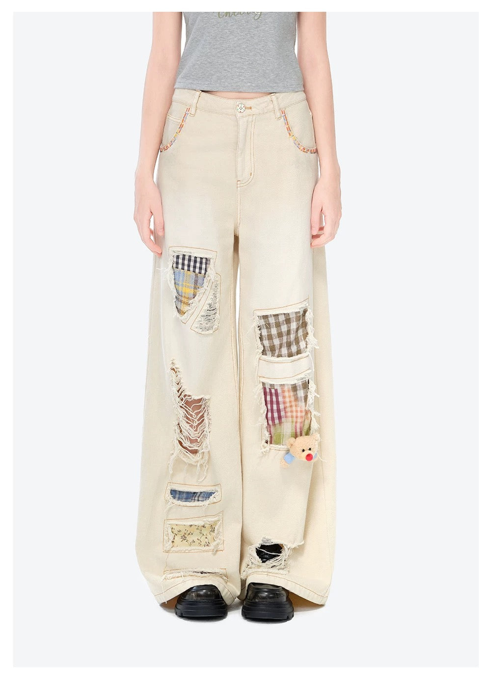 13DE MARZO Ripped Check Wide-Leg Trousers Beige