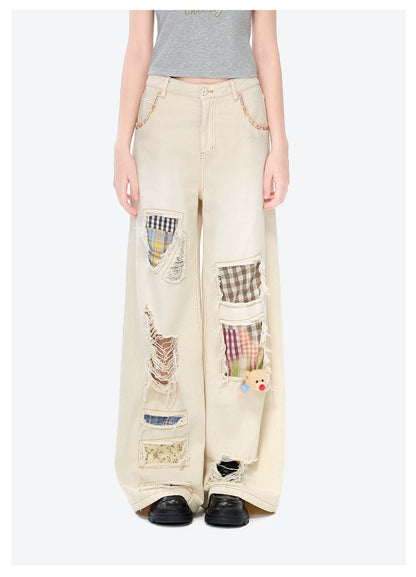 13DE MARZO Ripped Check Wide-Leg Trousers Beige