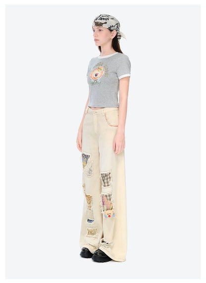 13DE MARZO Ripped Check Wide-Leg Trousers Beige