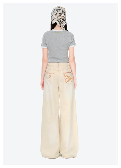 13DE MARZO Ripped Check Wide-Leg Trousers Beige