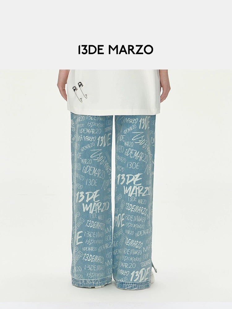 13DE MARZO Graffiti Logo Denim Jeans Blue