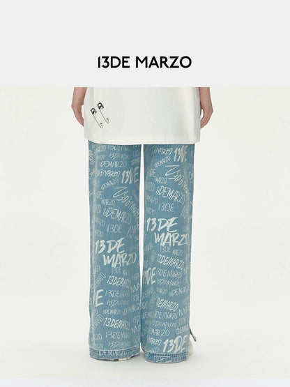 13DE MARZO Graffiti Logo Denim Jeans Blue