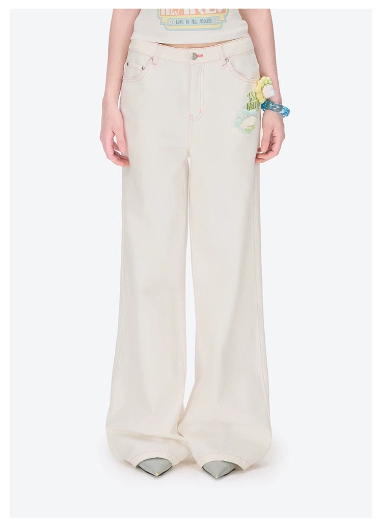 13DE MARZO Floral Bear Pocket Print Jeans White