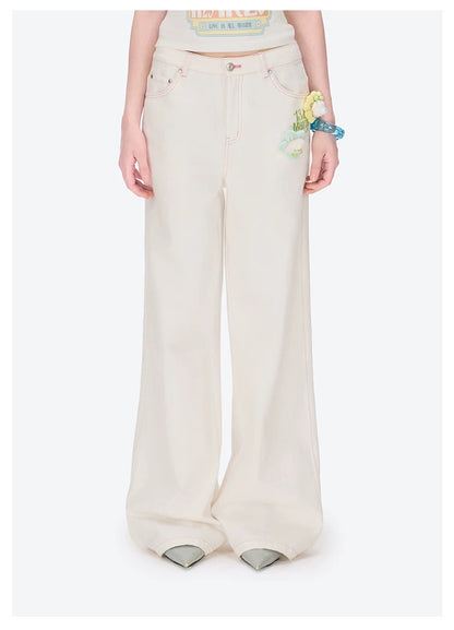 13DE MARZO Floral Bear Pocket Print Jeans White