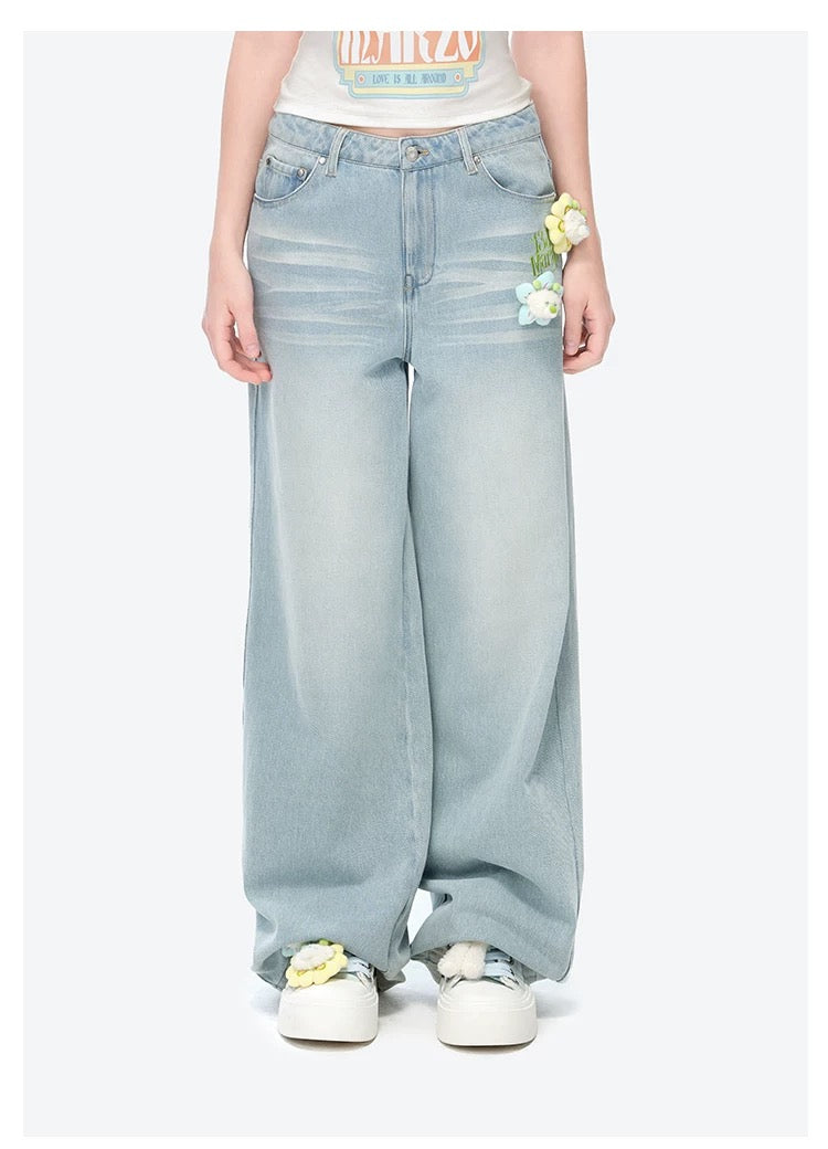 13DE MARZO Floral Bear Pocket Print Jeans Blue