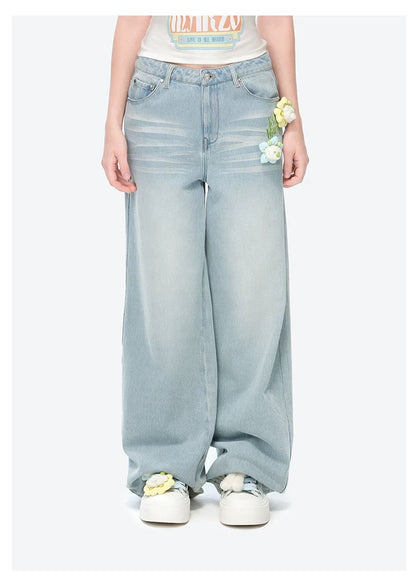 13DE MARZO Floral Bear Pocket Print Jeans Blue