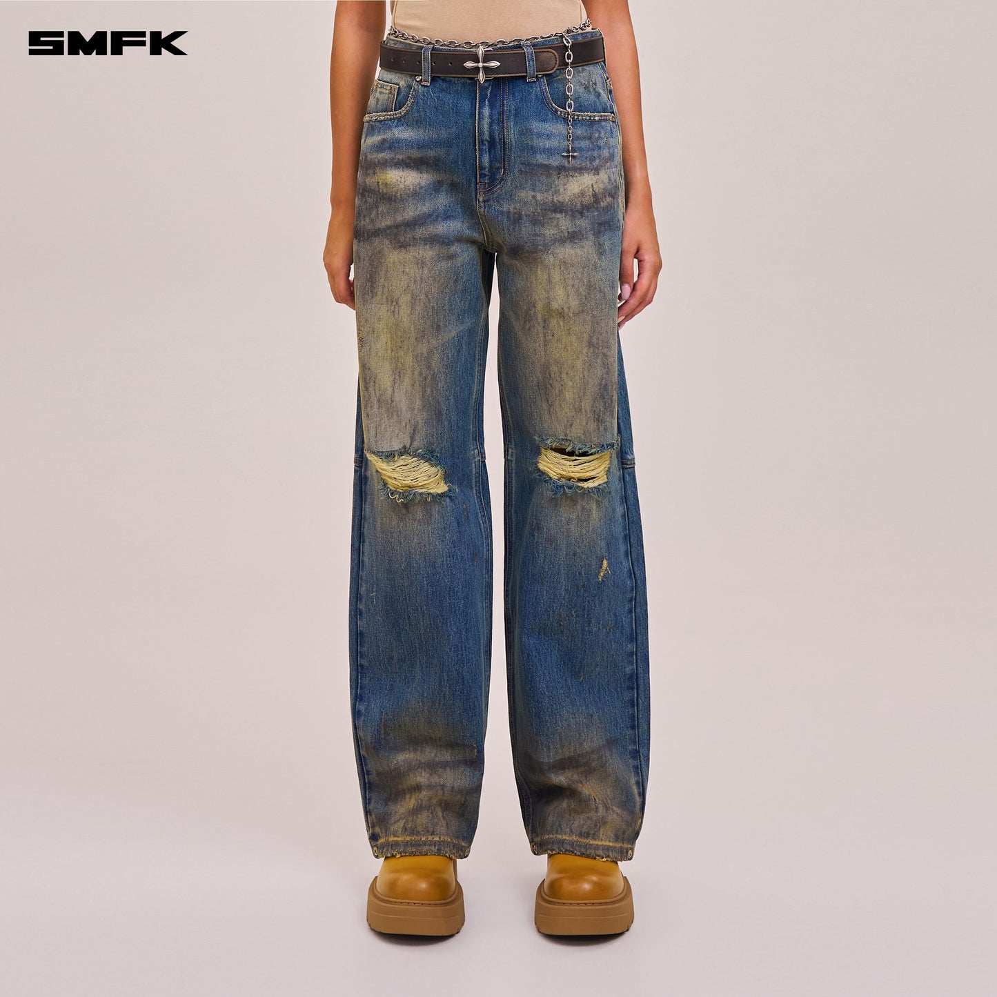 SMFK Compass Mode Wasteland Loose Straight Denim Pants Wasteland Blue