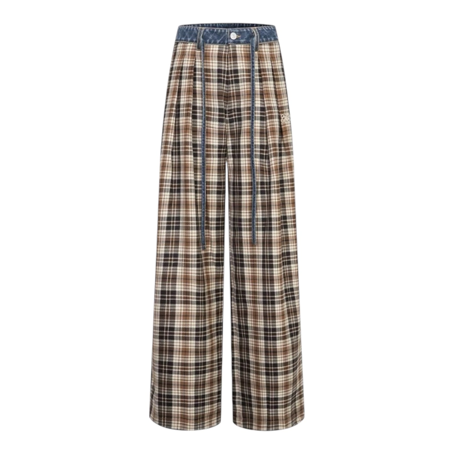Ann Andelman Khaki Patchwork Denim Checkered Trousers