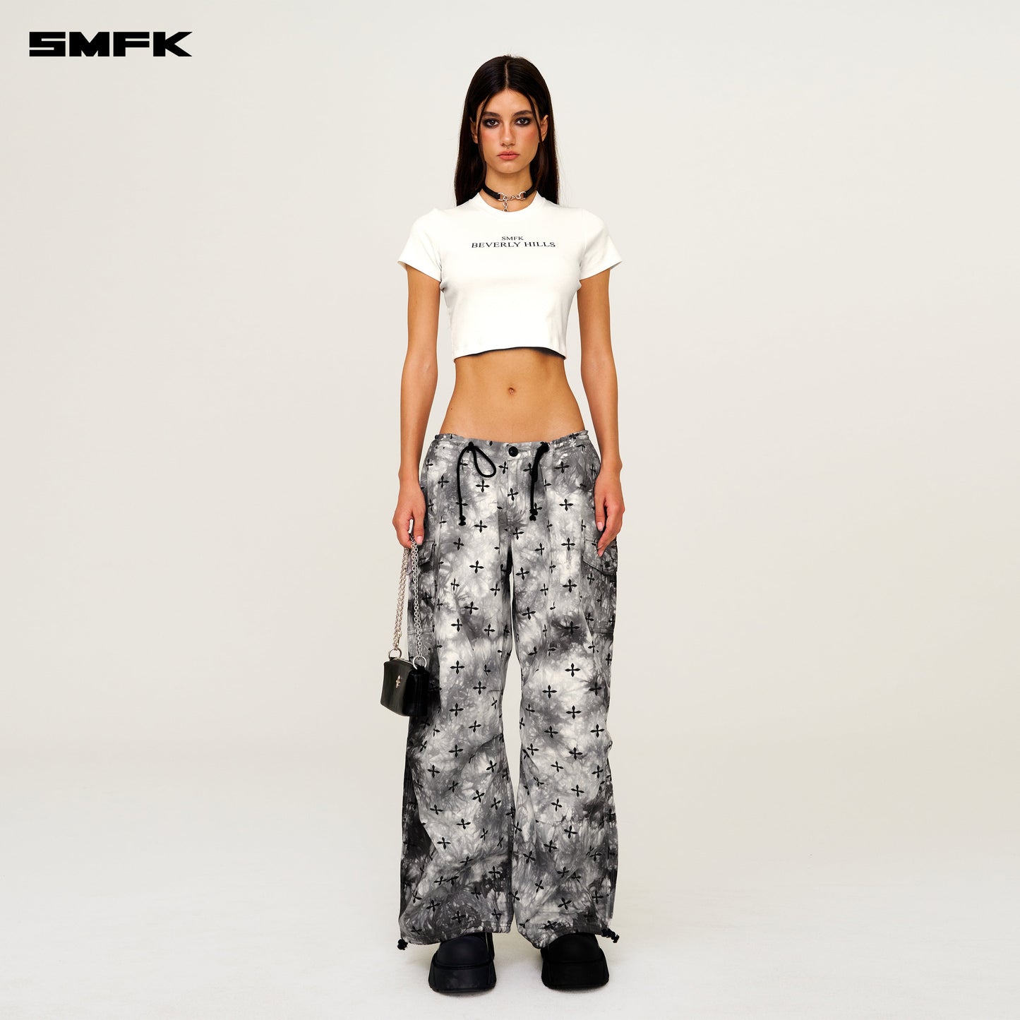 SMFK Compass Ink Garden Tie-Dye Hunting Paratrooper Pants Black and White