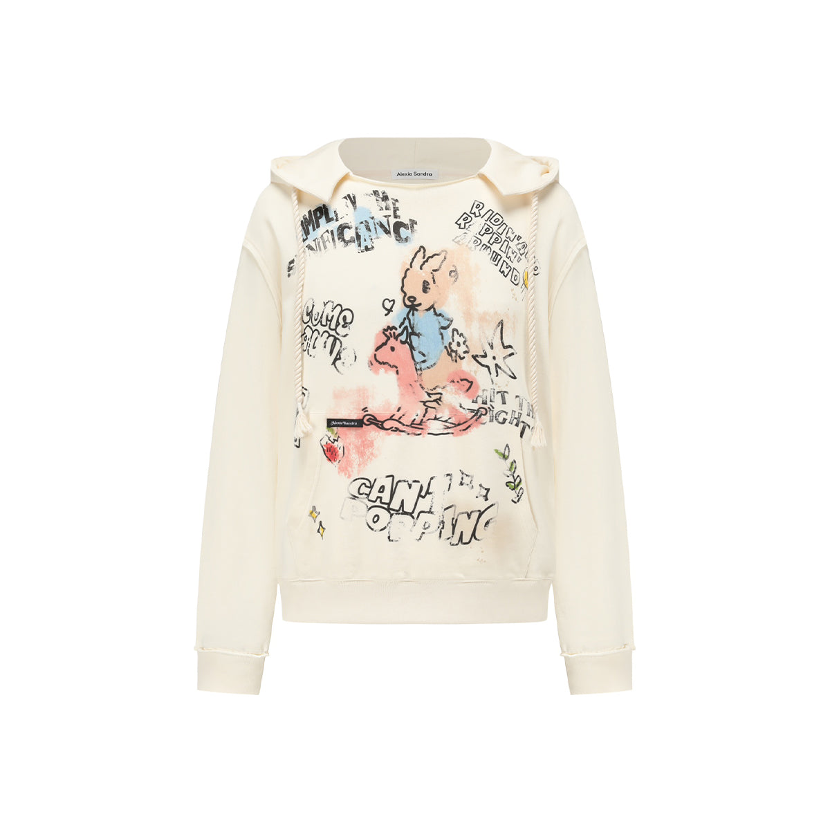 Alexia Sandra Printed Graffiti Rabbit Distressed Hoodie Yellow