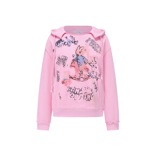 Alexia Sandra Printed Graffiti Rabbit Distressed Hoodie Pink