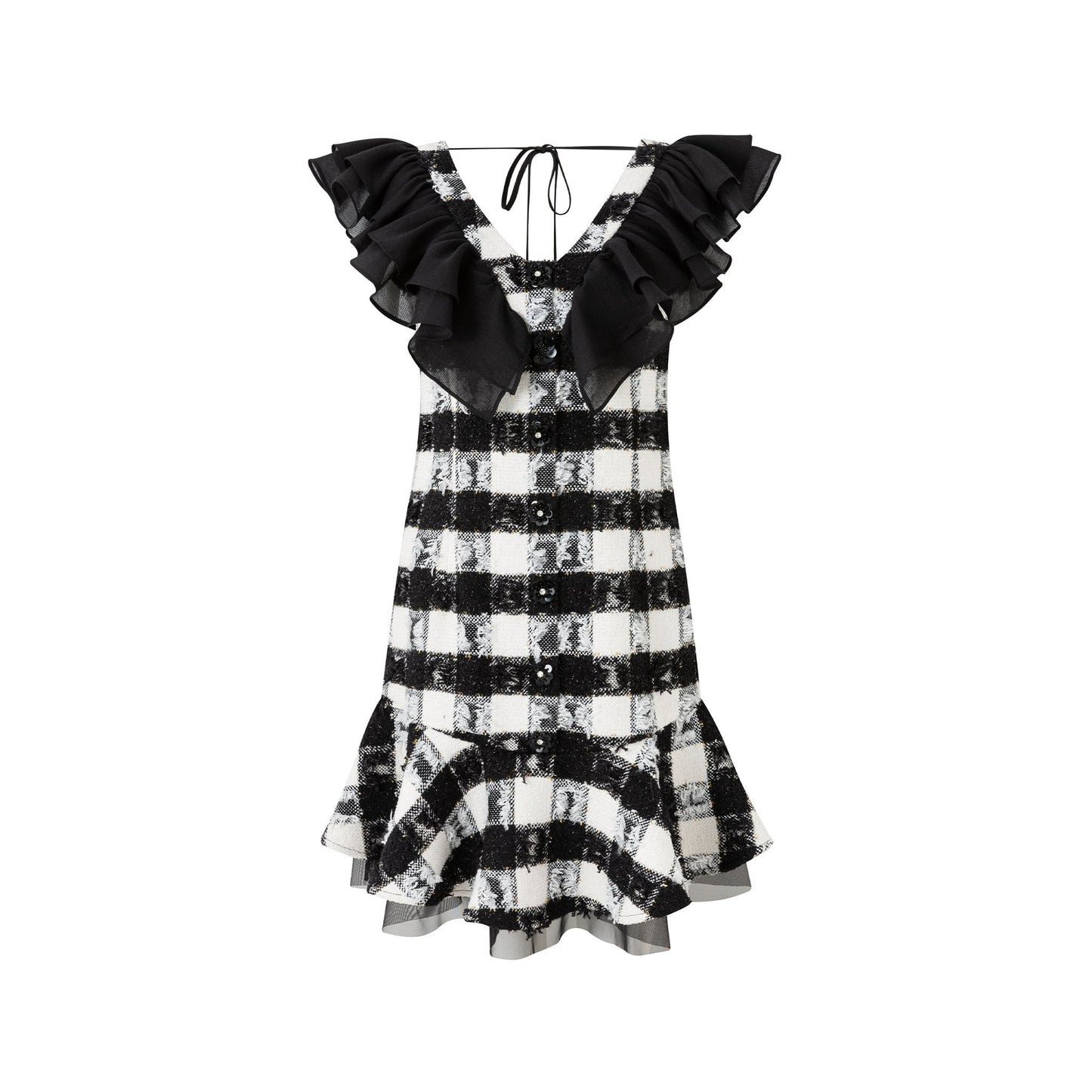 DIANA VEVINA Black and White Check Tweed Ruffle Neck Sleeveless Dress