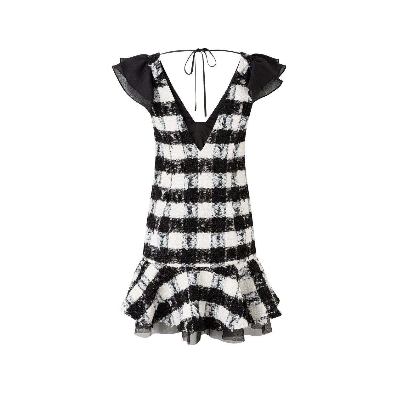 DIANA VEVINA Black and White Check Tweed Ruffle Neck Sleeveless Dress