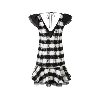 DIANA VEVINA Black and White Check Tweed Ruffle Neck Sleeveless Dress