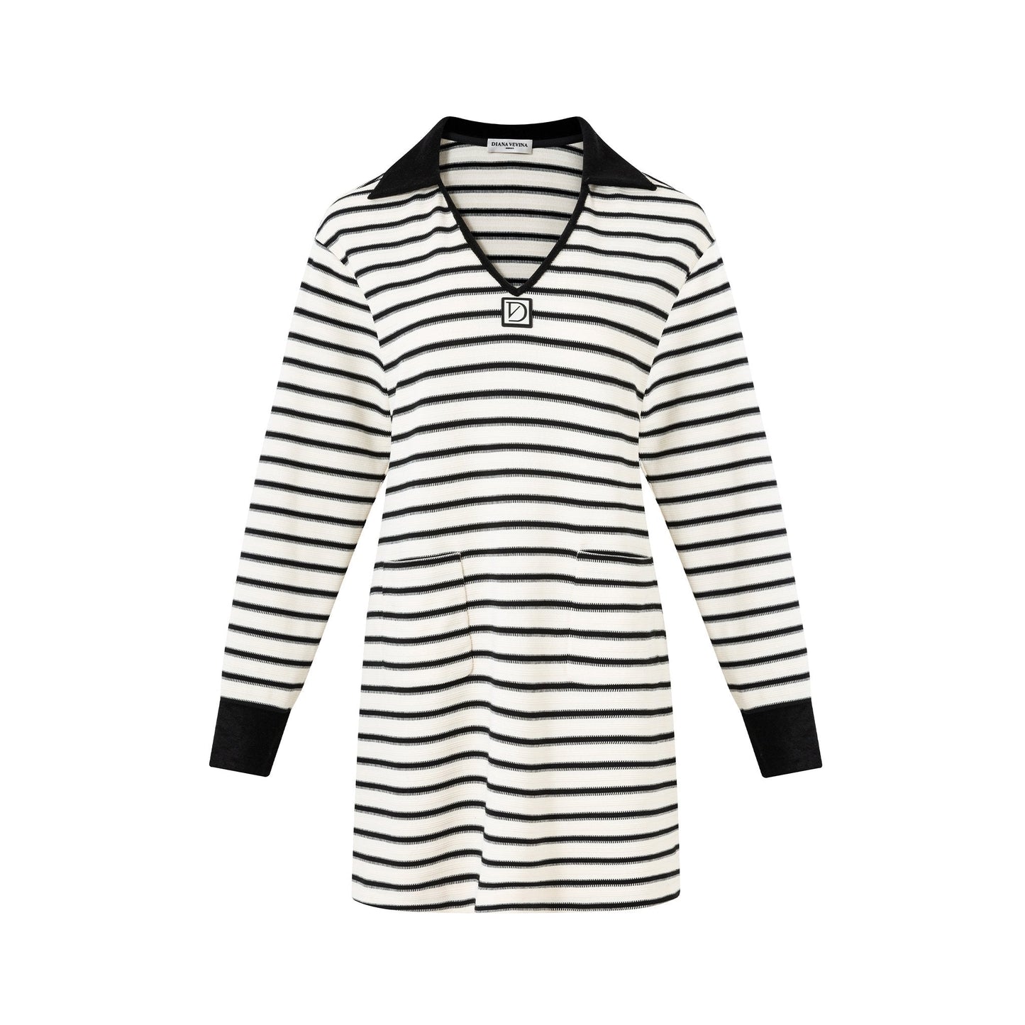 DIANA VEVINA  Black and White Striped Knit V-Neck Dress